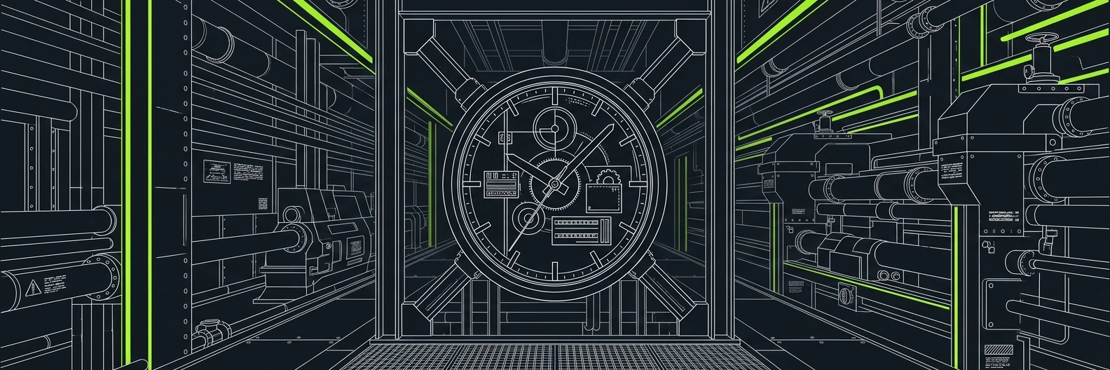 The whole coordination deck: the strike clock, the pipes running under the grated floor, the pledgers on the walkway